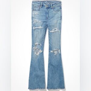 American Eagle Next level stretch super high rise flare distressed jeans